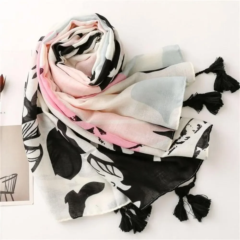 NEW Boho Floral Tasseled Rectangle Soft Chic Scarf Large Pink White Black